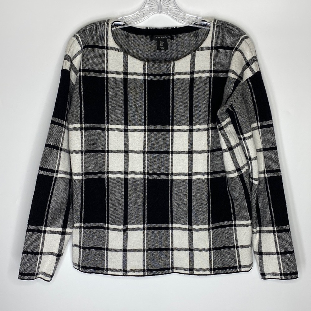 Tahari Black White Plaid Sweater Size Large